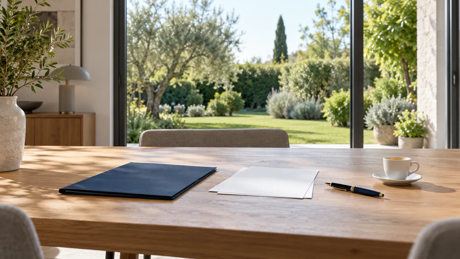 Tavolo in legno davanti a una grande finestra sul giardino, con cartellina blu, fogli, penna e caffè