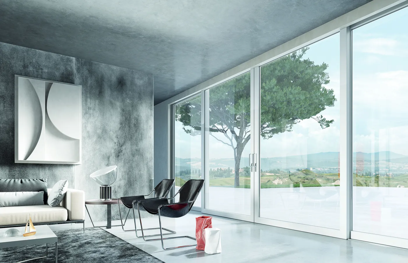 Grande finestra scorrevole in PVC vista dall’interno