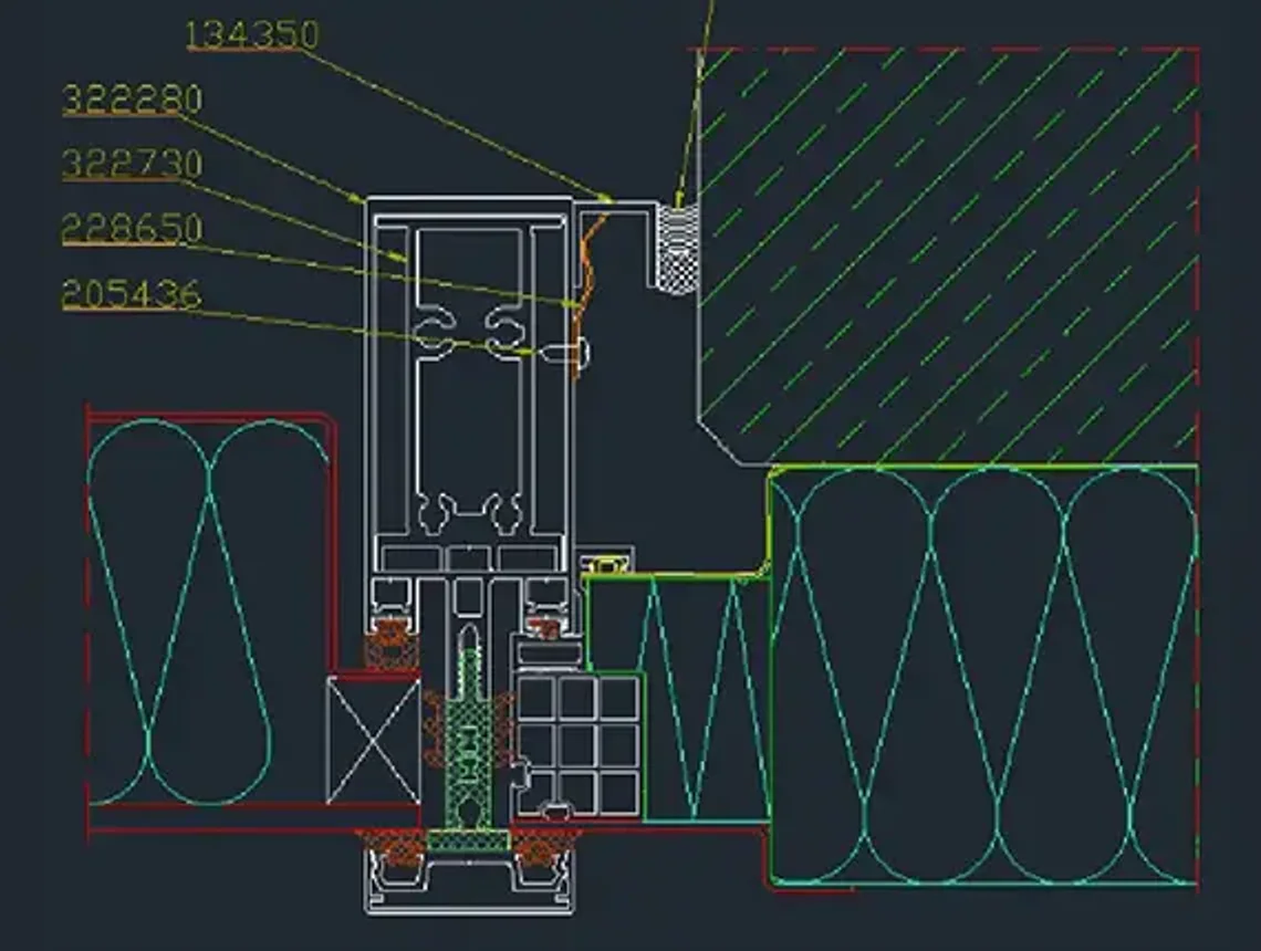 Sezione tecnica di un nodo di serramento Schüco in un programma di disegno CAD